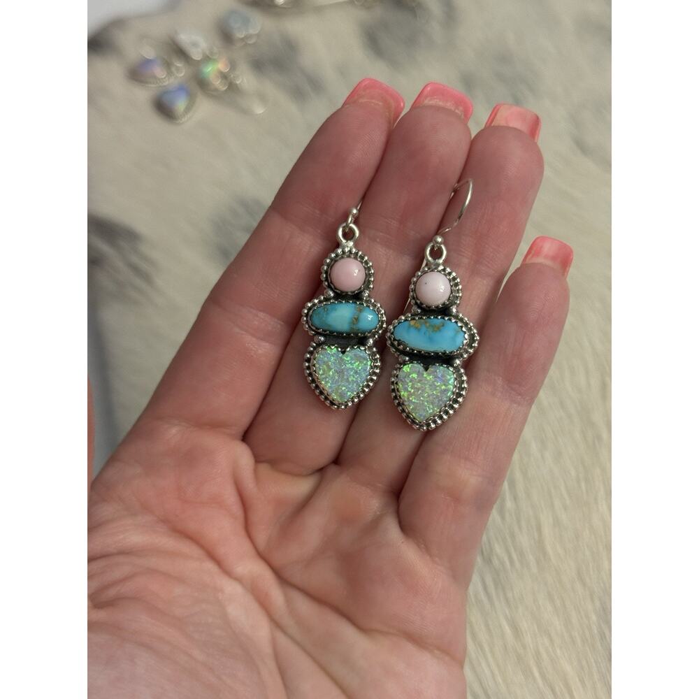 Sterling Silver Blue Ridge Turquoise Pink Conch Fire Opal Heart Dangle Earrings